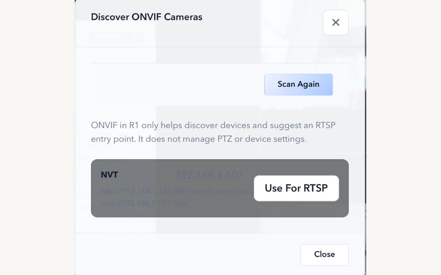 ScopeDock network camera connection controls.